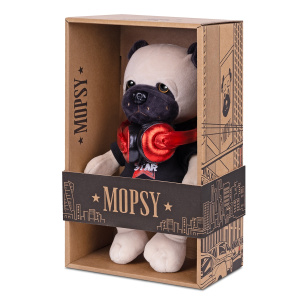 Мягкая игрушка Мопс Рокер в Футболке с Наушниками, 20 см, в Коробке