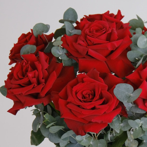 Французские розы в коробке с эвкалиптом, 9 штучек