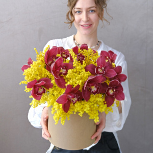 Бордовые орхидеи и ароматная мимоза в коробке "Медовая орхидея"