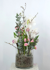 Белая орхидея цимбидиум в стеклянной вазе с эвкалиптом