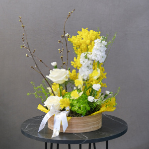 Нарциссы и мимоза в весенней композиции в кашпо "Золото весны"