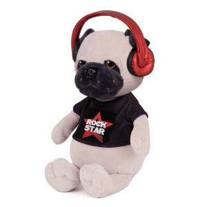 Мягкая игрушка Мопс Рокер в Футболке с Наушниками, 20 см, в Коробке