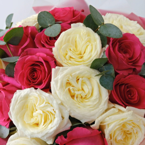 Крупные и ароматные розы, 25 штучек с эвкалиптом