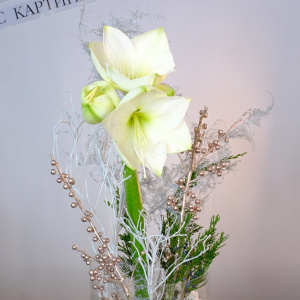 Белый амариллис в стеклянной вазе с зимним декором