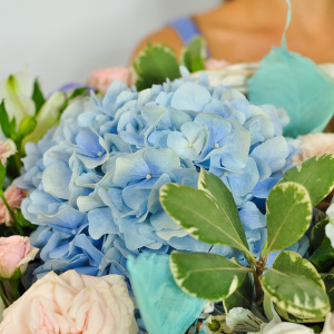 Гортензия и пионовидные розы в корзине Голубая лагуна