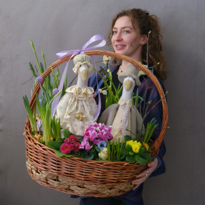 Садик с первоцветами в корзине: мускари, примула, нарциссы и цикламен "Весенние гуси"