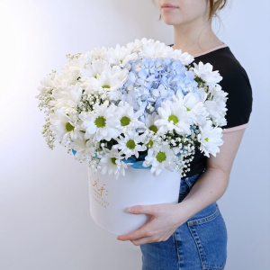 Голубая гортензия и хризантемы в коробочке "Мелодия нежности"