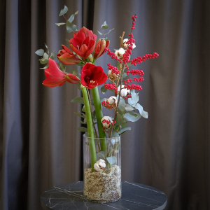 Амариллисы, илекс и хлопок в стеклянной вазе