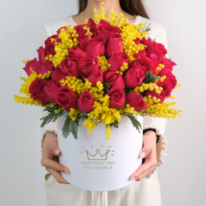 51 роза в коробке с итальянской мимозой "Солнечный восторг"