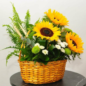 Лето в корзинке. Шикарные подсолнухи, океан зелени и нефролепис в горшочке