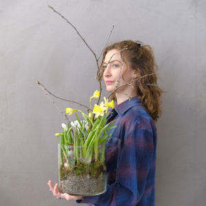 Луковичные крокусы и нарциссы в стеклянной вазе